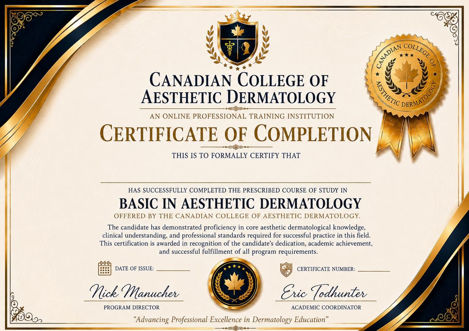 Specimen CCAD Certificate of Completion for the Basic level, showing the college crest, gold seal and signature lines